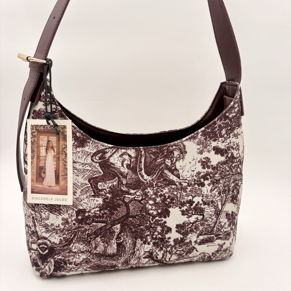 Sincerely Jules Shoulder Bag Toile Tiger‎ Forest Print Burgundy Leather Trim